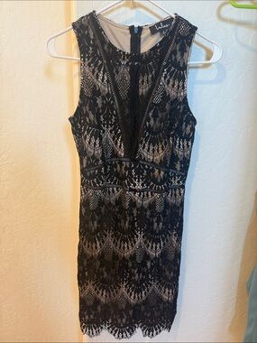 Lulu's Black Lace Mini Dress with Nude Underlay